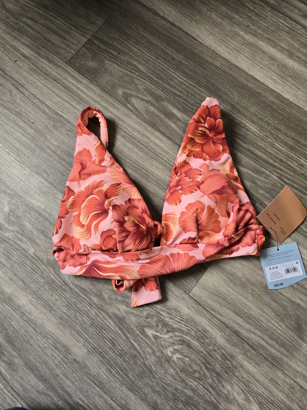 Shade & Shore Coral Pink Floral Triangle Bikini Top Size S